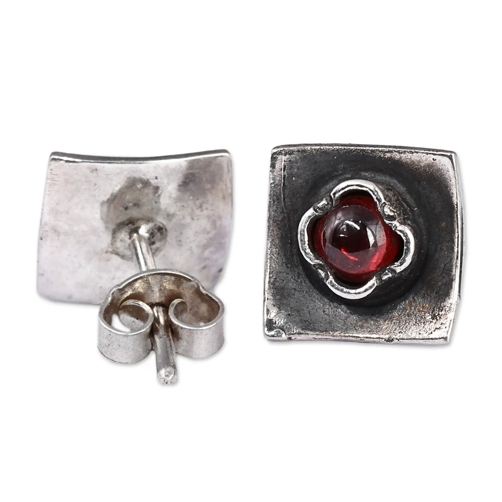 Square Sterling Silver and Natural Garnet Button Earrings - Square Passion | NOVICA