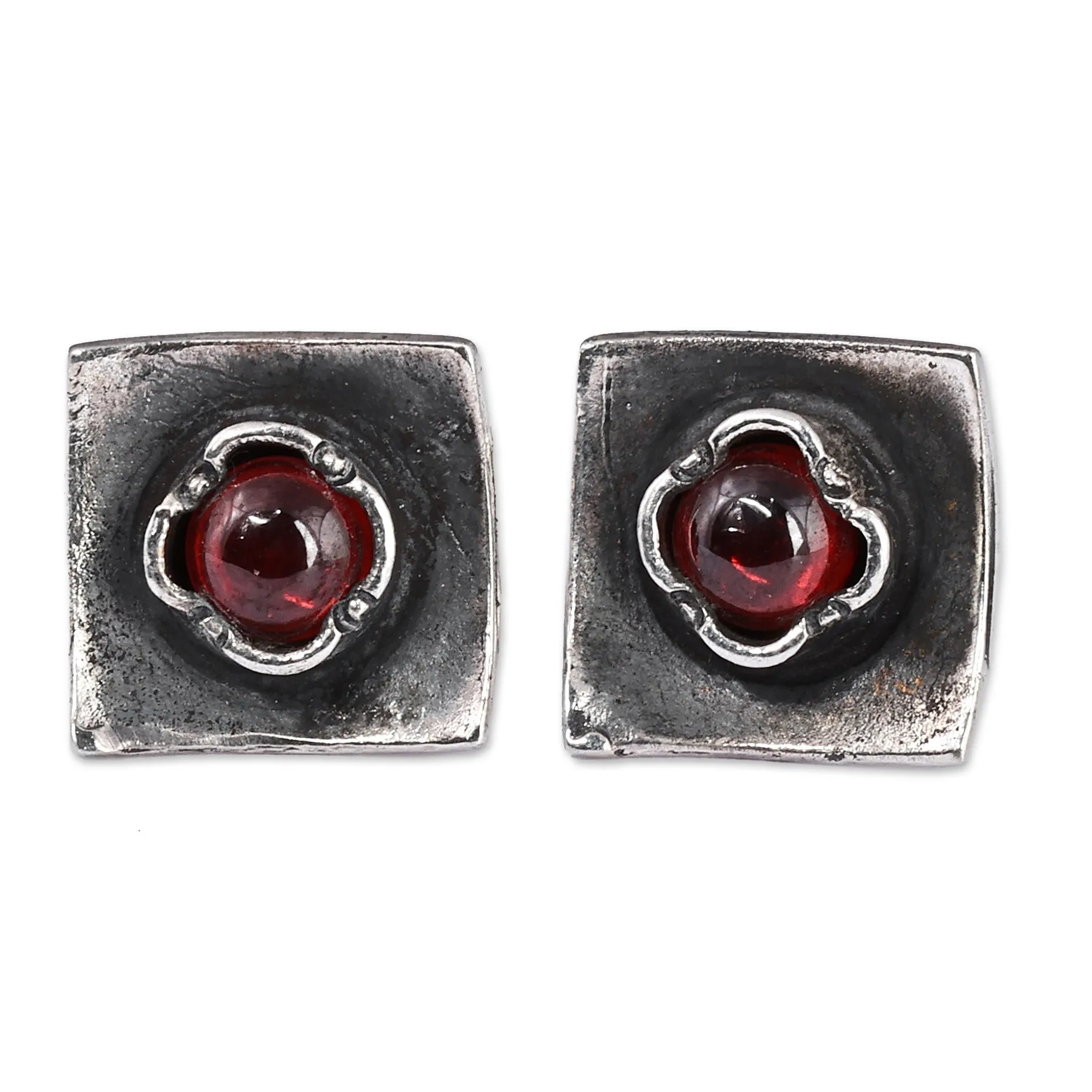 Square Sterling Silver and Natural Garnet Button Earrings - Square Passion | NOVICA