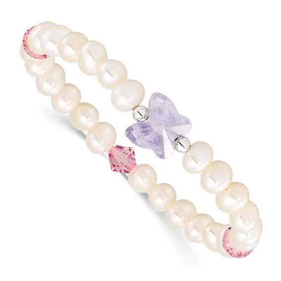 Sterling Silver Pearl Crystal Butterfly Children's Stretch Bracelet