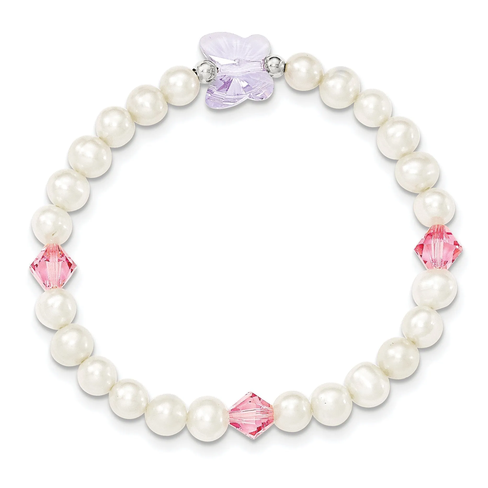 Sterling Silver Pearl Crystal Butterfly Children's Stretch Bracelet