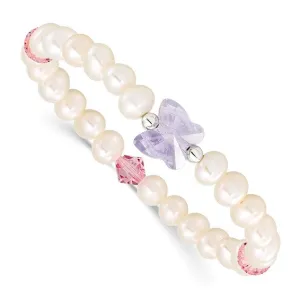 Sterling Silver Pearl Crystal Butterfly Children's Stretch Bracelet