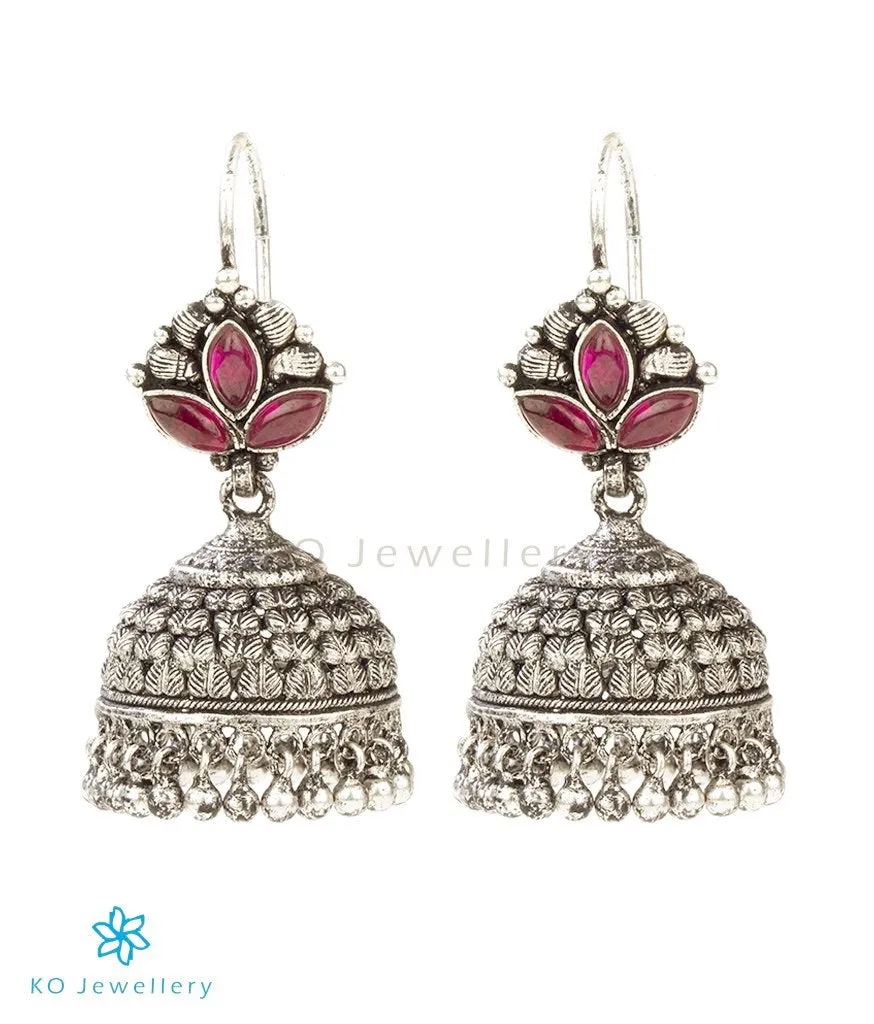 The Adhanika Silver Red Jhumka (Oxidised/Red/Hook)