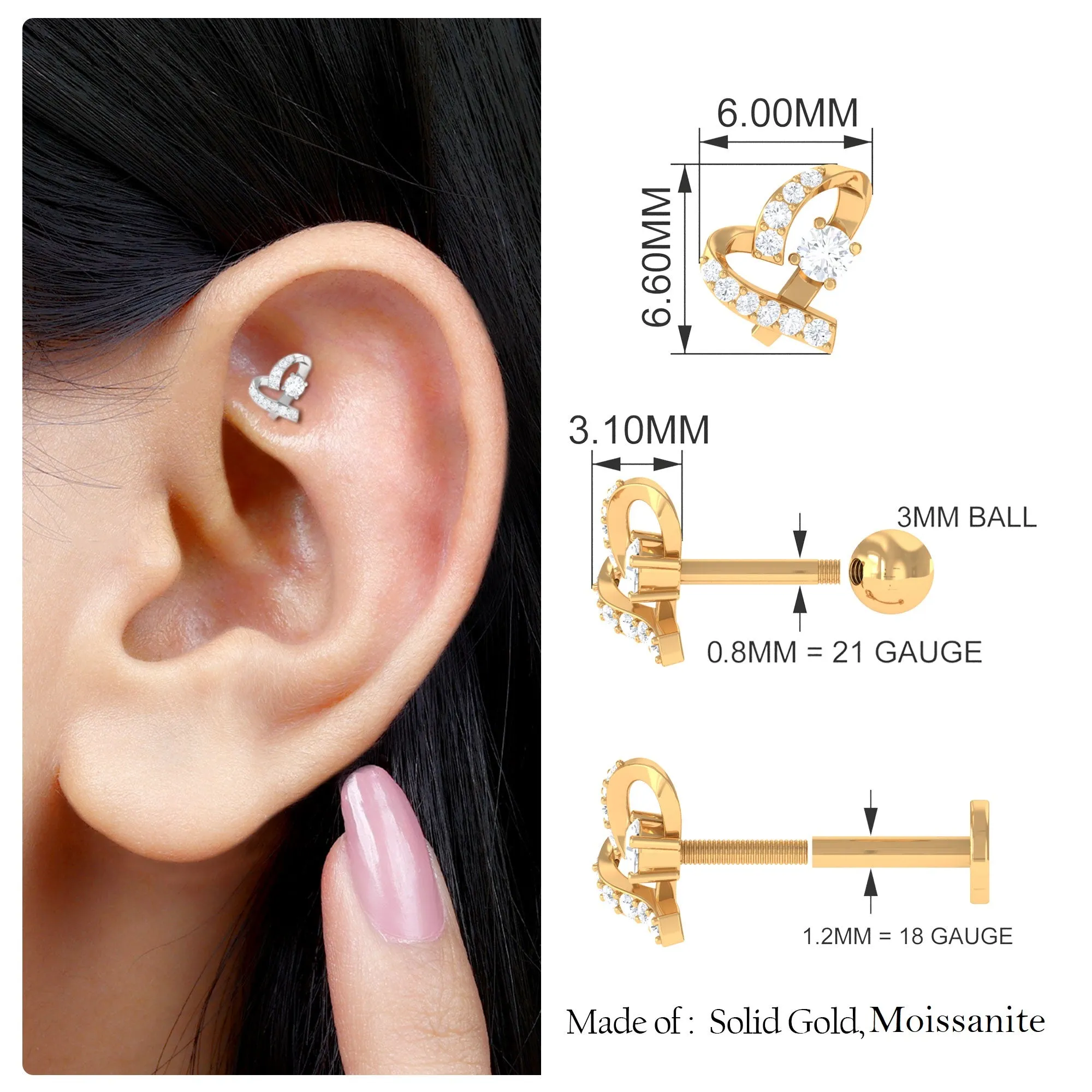 Unique Moissanite Heart Helix Earring in Gold