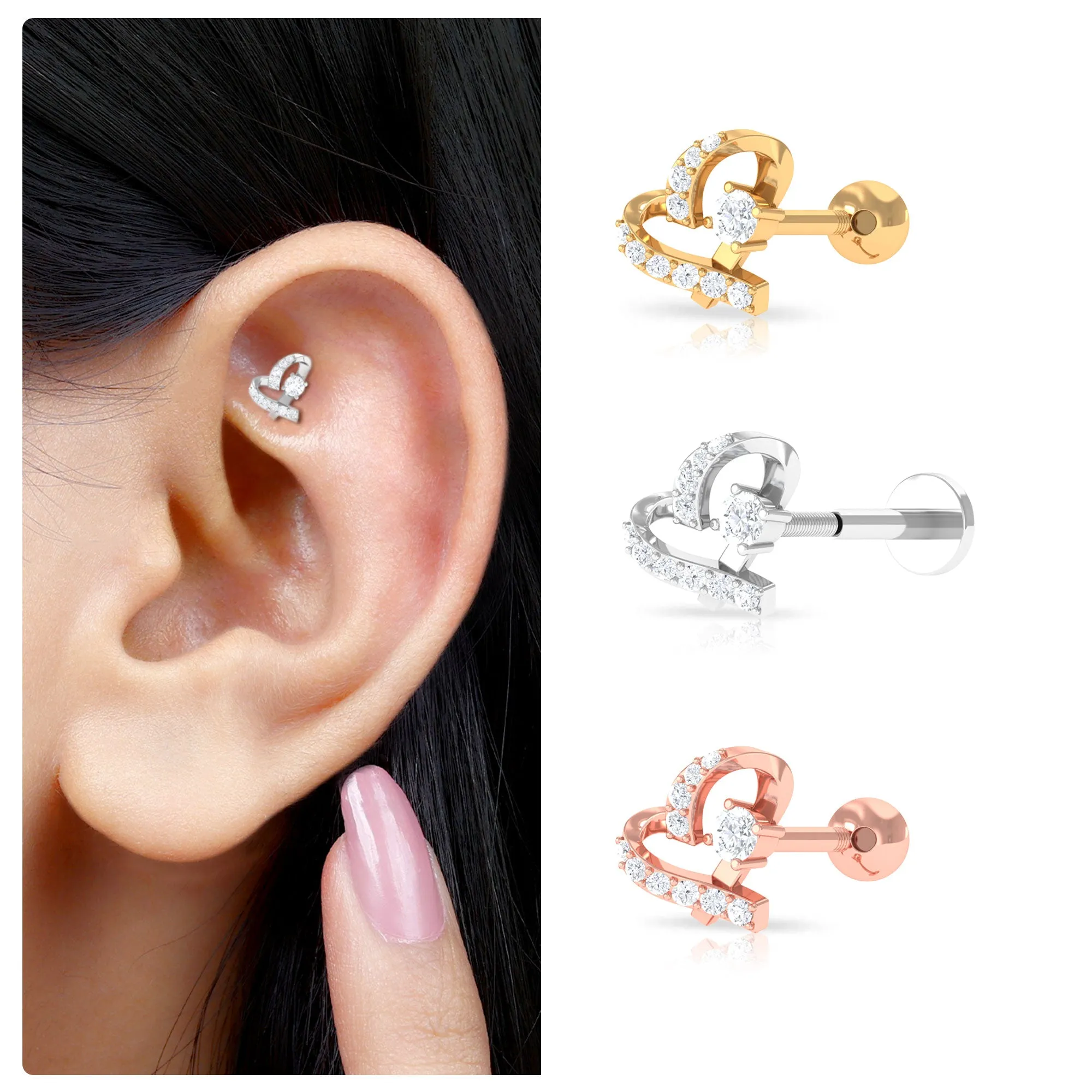 Unique Moissanite Heart Helix Earring in Gold