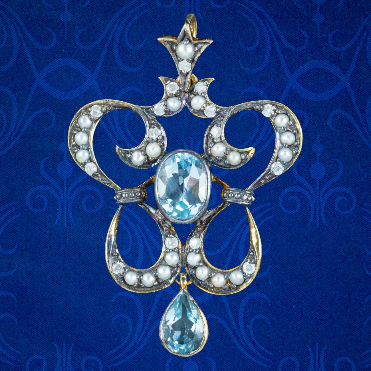 Victorian Style Blue Topaz Pearl Diamond Pendant Silver Gold Gilt