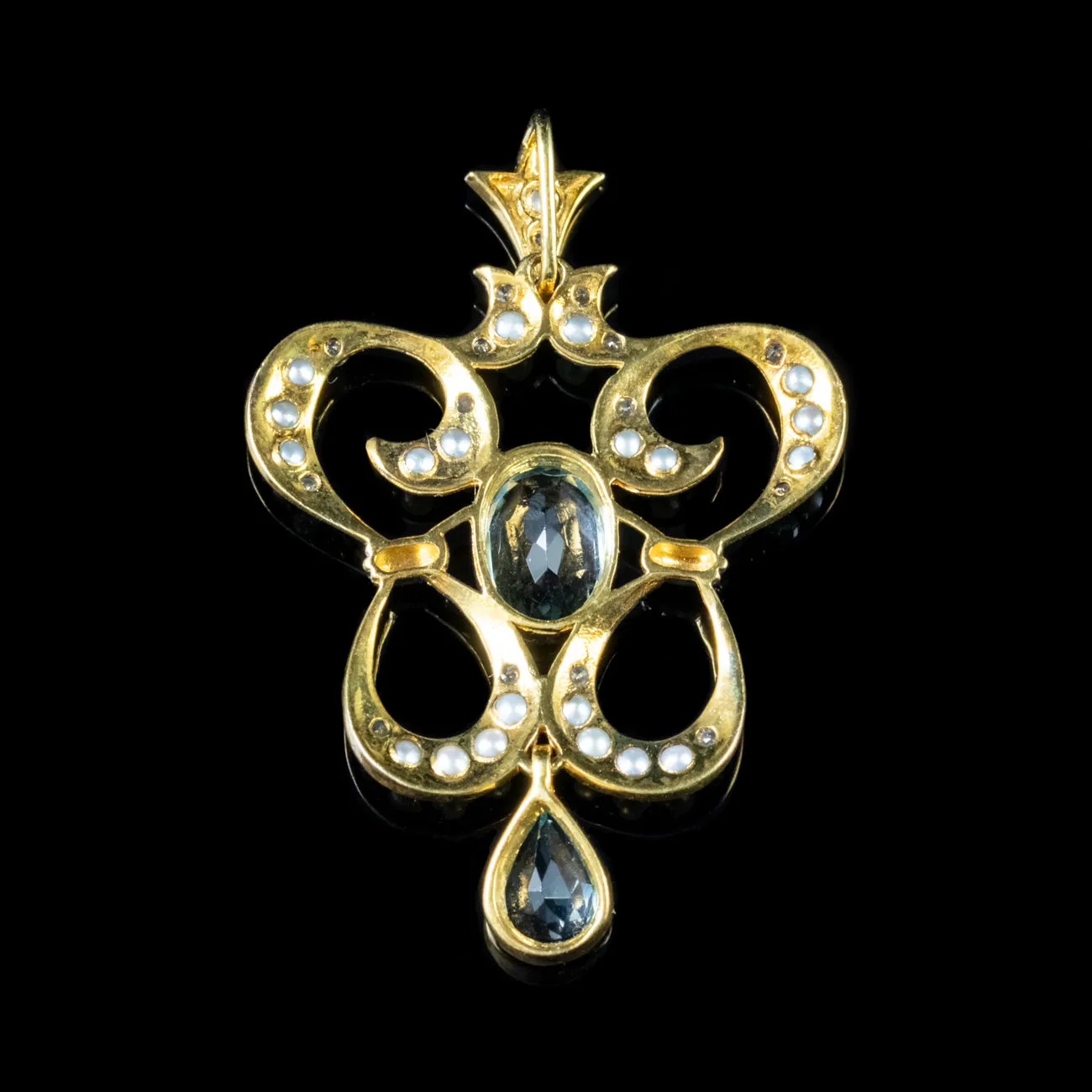 Victorian Style Blue Topaz Pearl Diamond Pendant Silver Gold Gilt