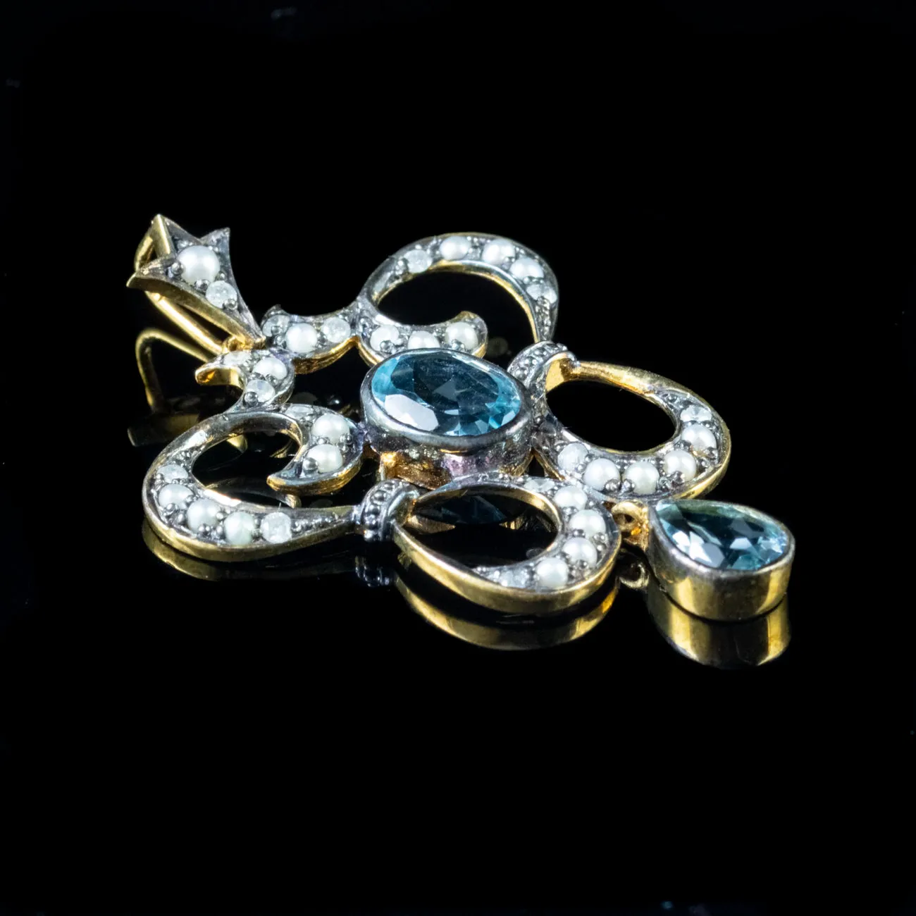 Victorian Style Blue Topaz Pearl Diamond Pendant Silver Gold Gilt