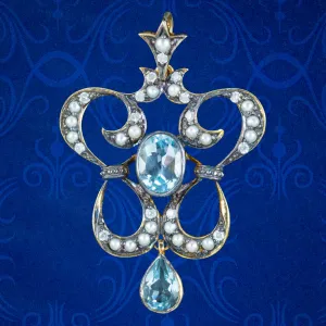 Victorian Style Blue Topaz Pearl Diamond Pendant Silver Gold Gilt