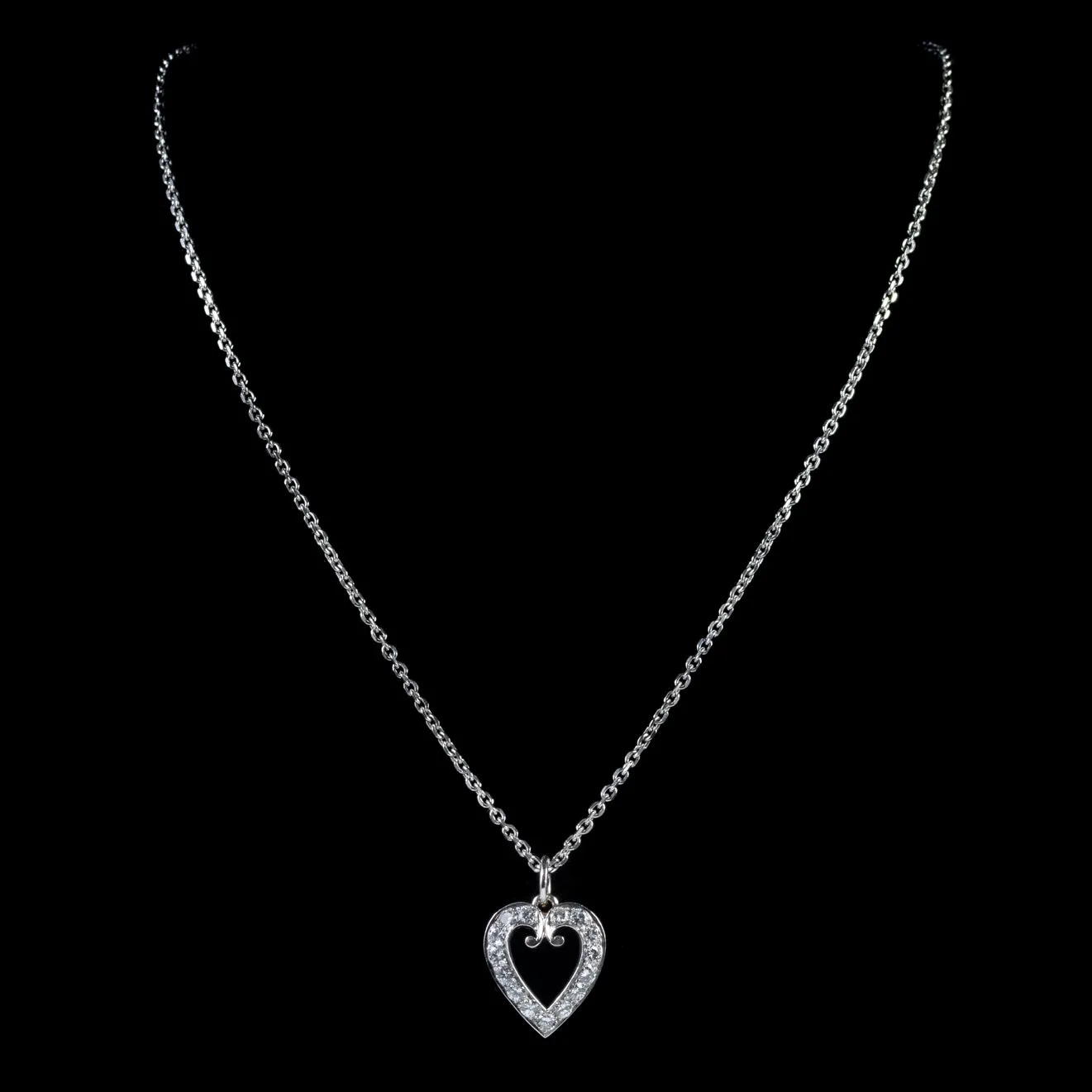 Vintage Diamond Heart Pendant Necklace 18Ct White Gold Chain 1.20ct Of Diamond