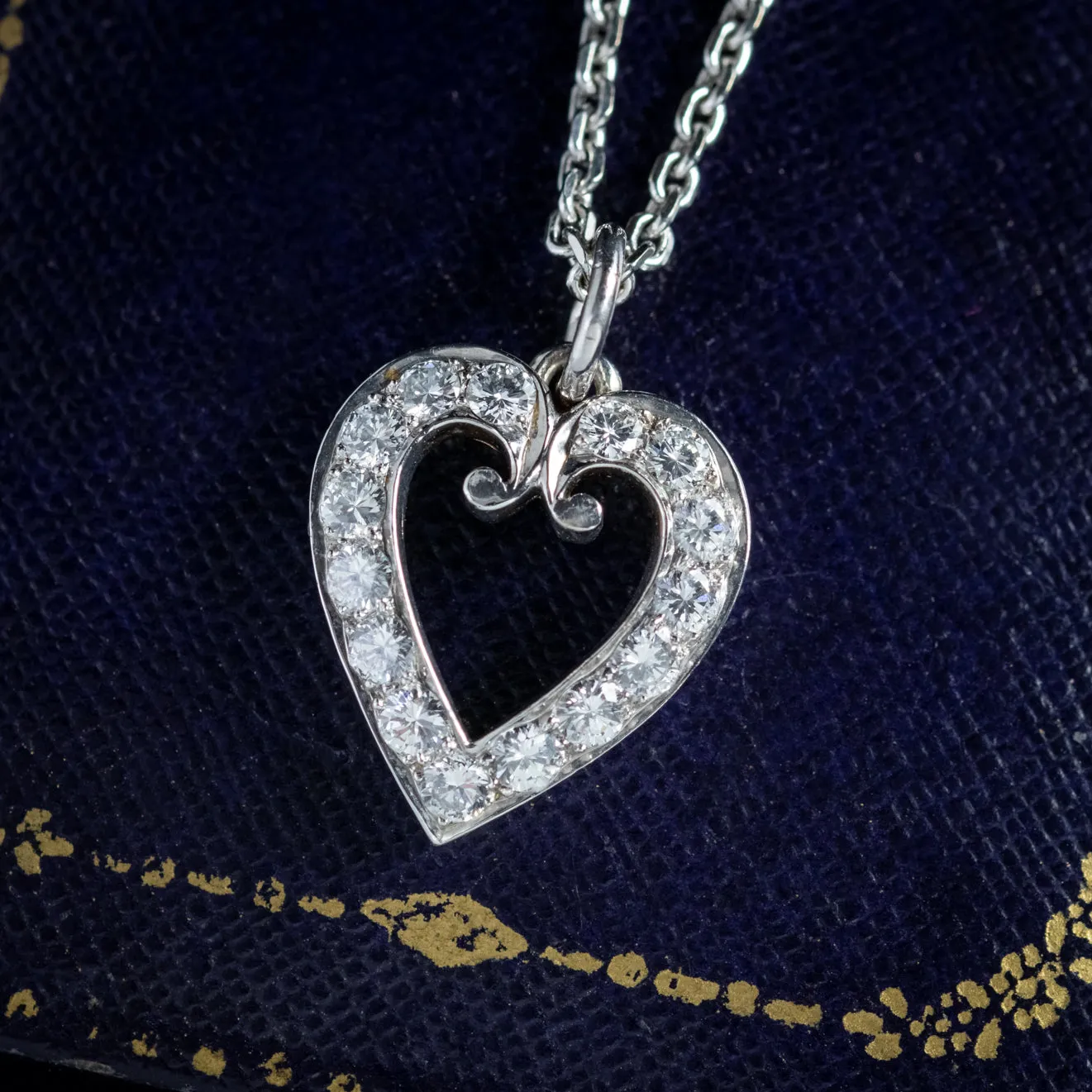 Vintage Diamond Heart Pendant Necklace 18Ct White Gold Chain 1.20ct Of Diamond