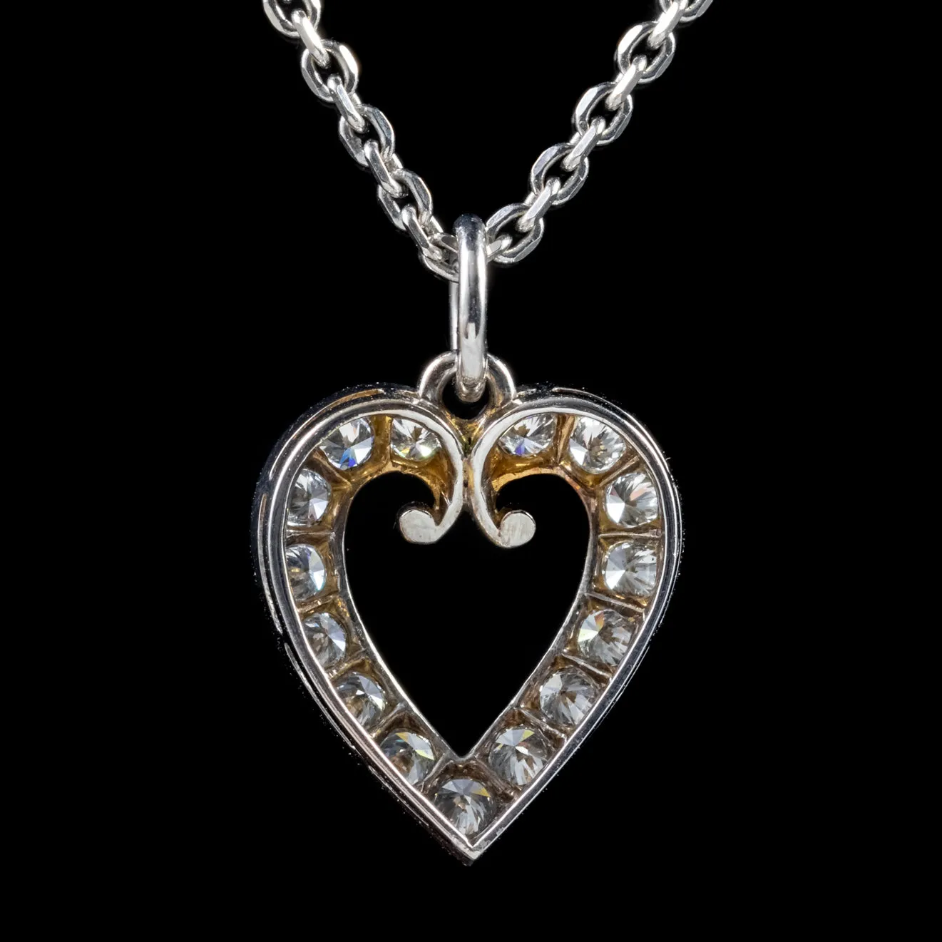 Vintage Diamond Heart Pendant Necklace 18Ct White Gold Chain 1.20ct Of Diamond