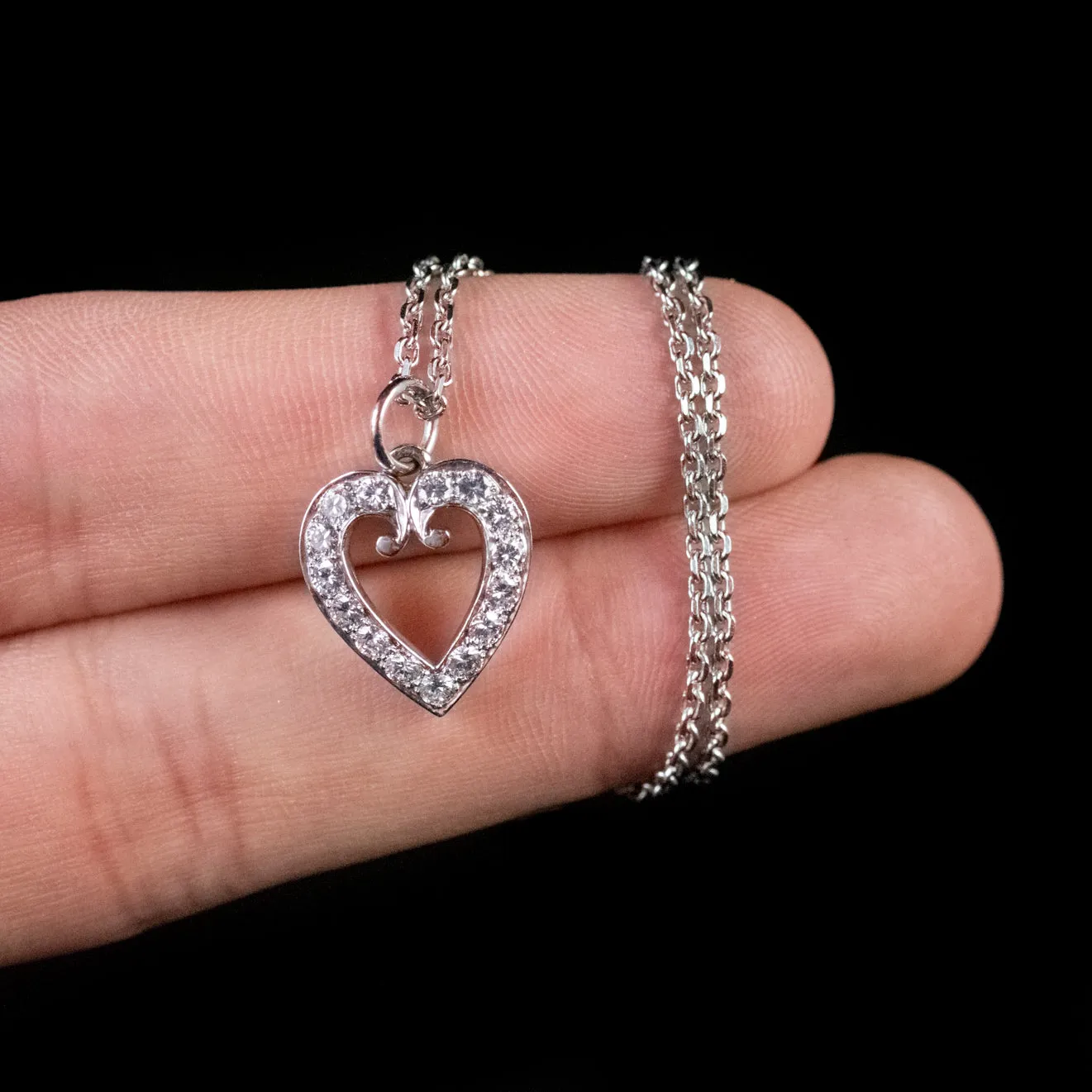 Vintage Diamond Heart Pendant Necklace 18Ct White Gold Chain 1.20ct Of Diamond