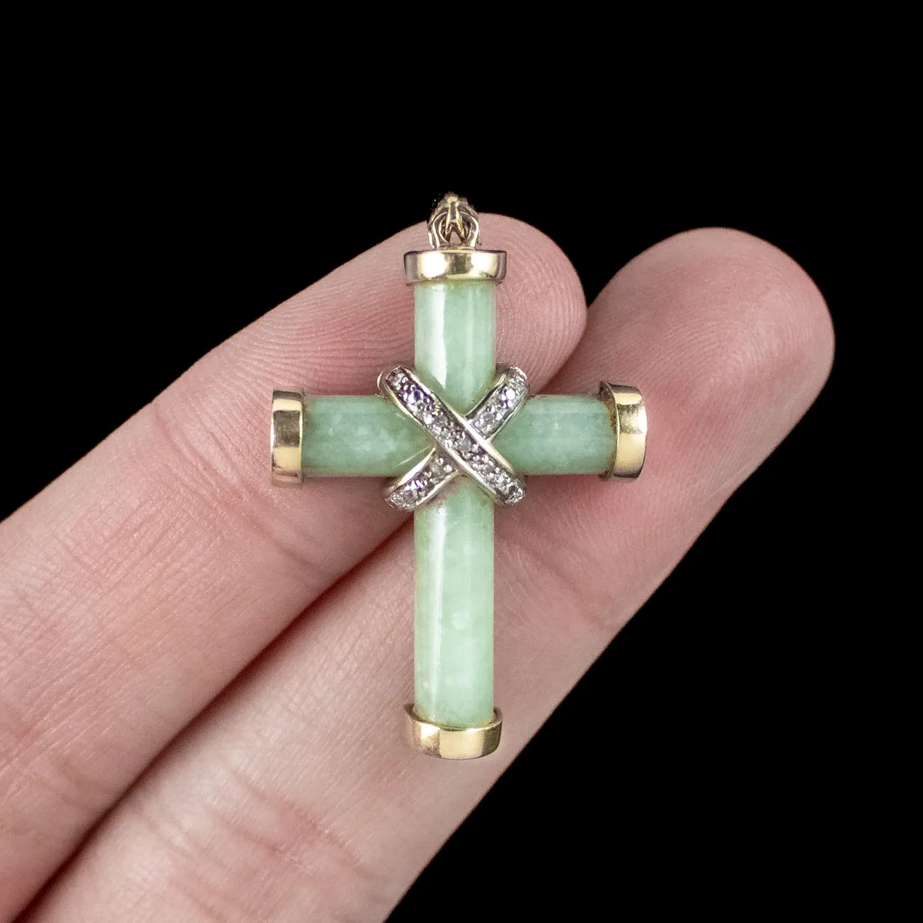 Vintage Jade Diamond Cross Pendant 9ct Gold