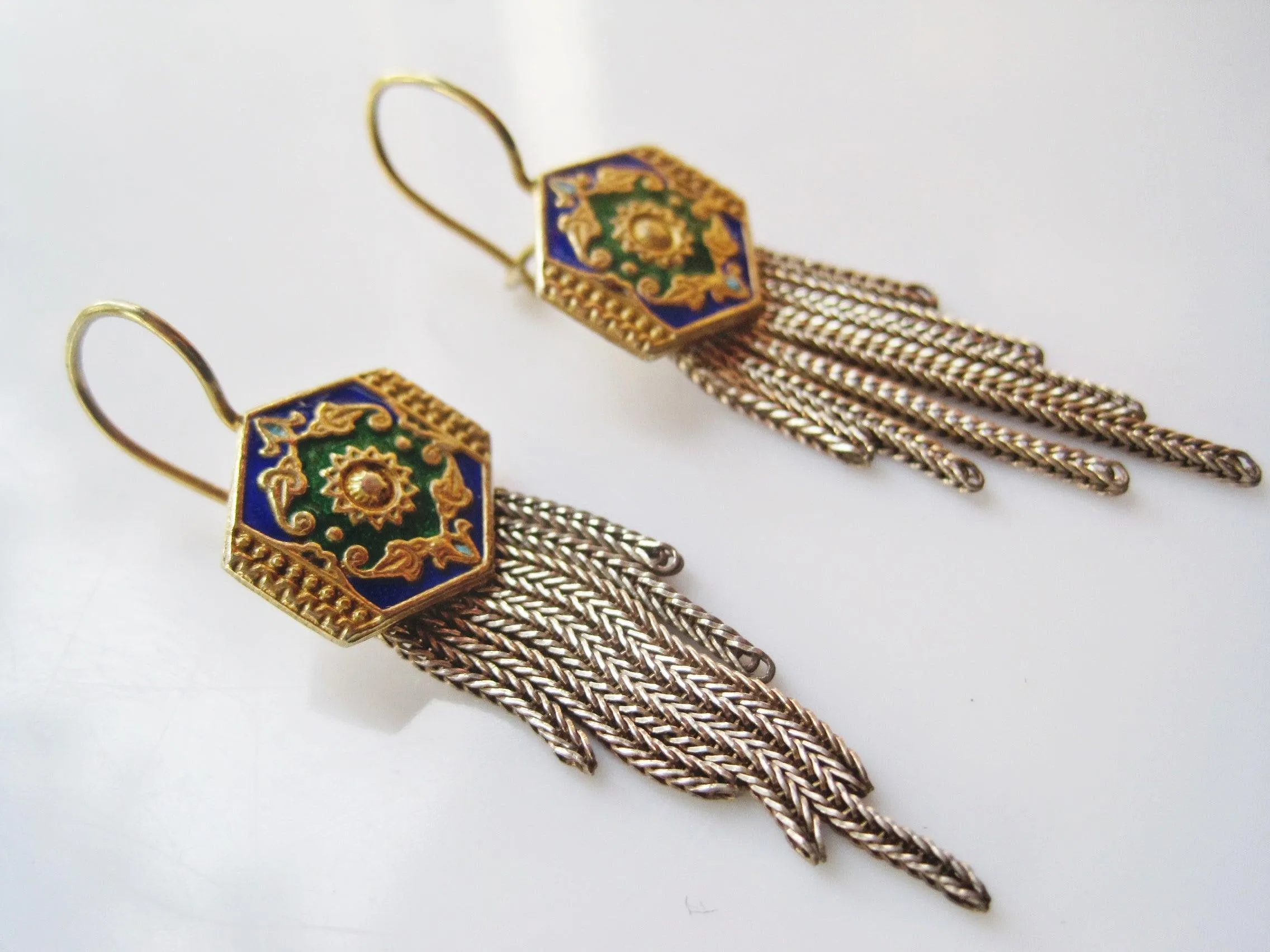 Vintage Turkish Enamel Earrings with Graduated Tassel of Foxtail Chains