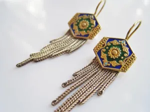 Vintage Turkish Enamel Earrings with Graduated Tassel of Foxtail Chains