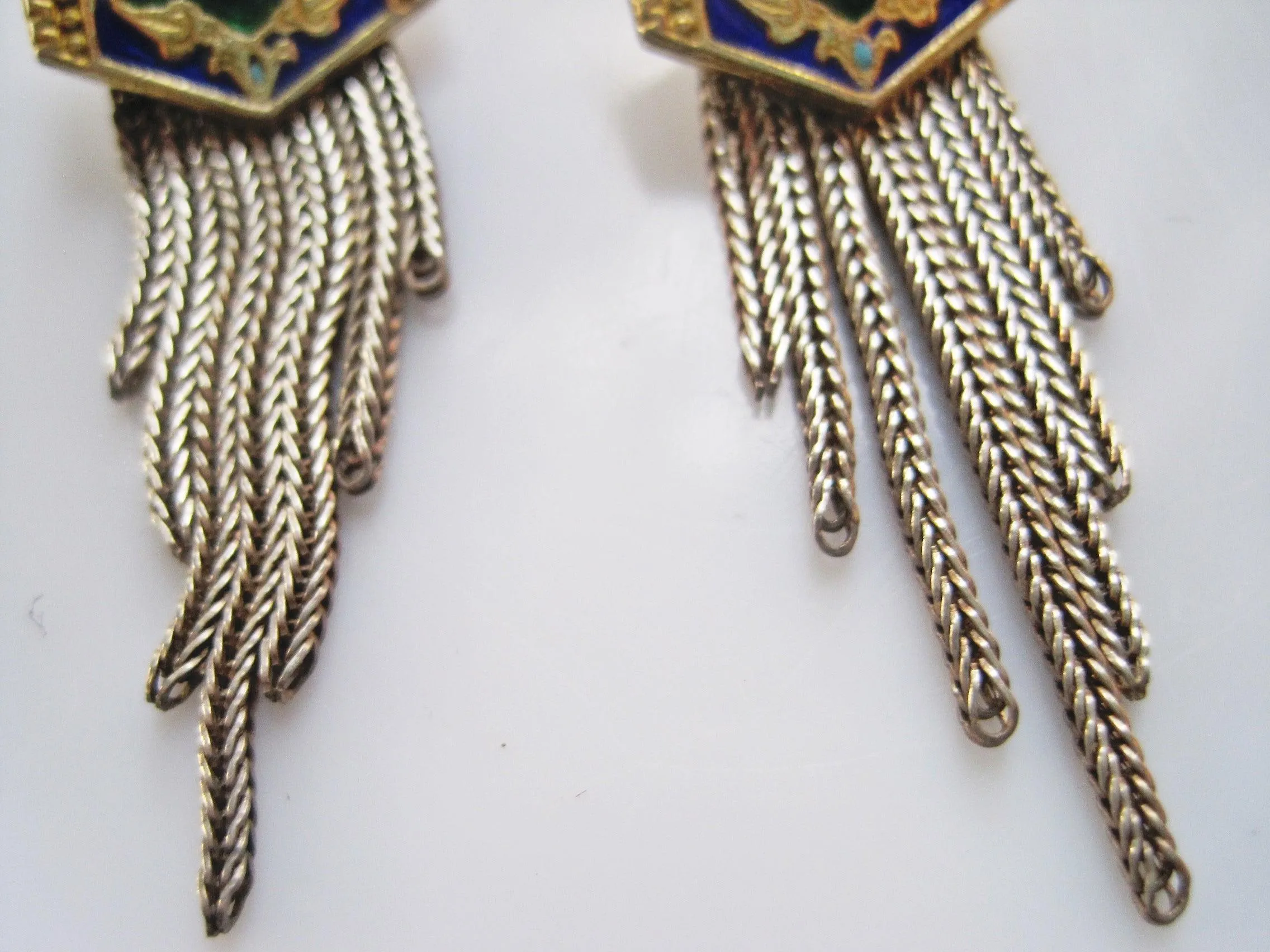 Vintage Turkish Enamel Earrings with Graduated Tassel of Foxtail Chains