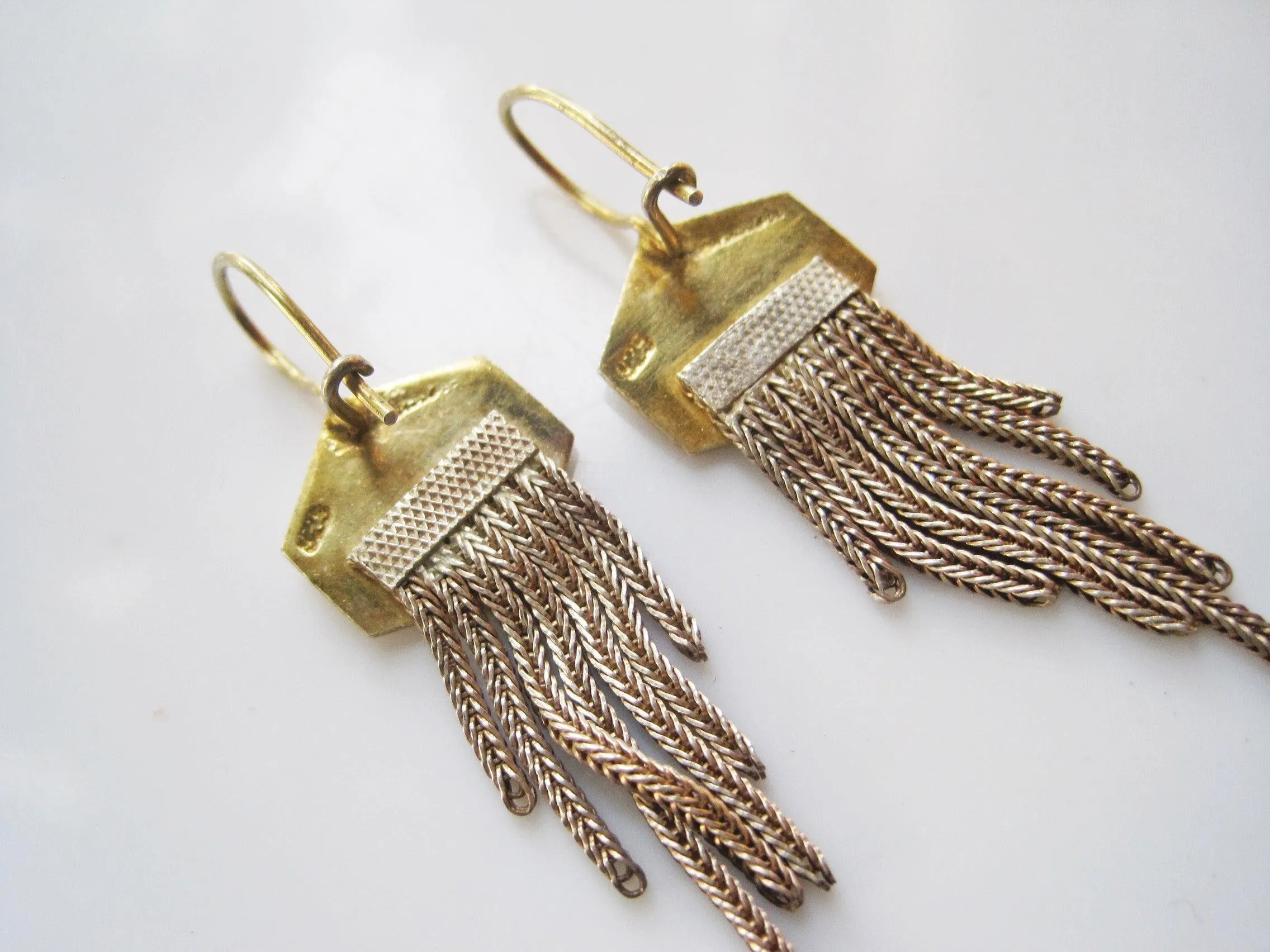 Vintage Turkish Enamel Earrings with Graduated Tassel of Foxtail Chains