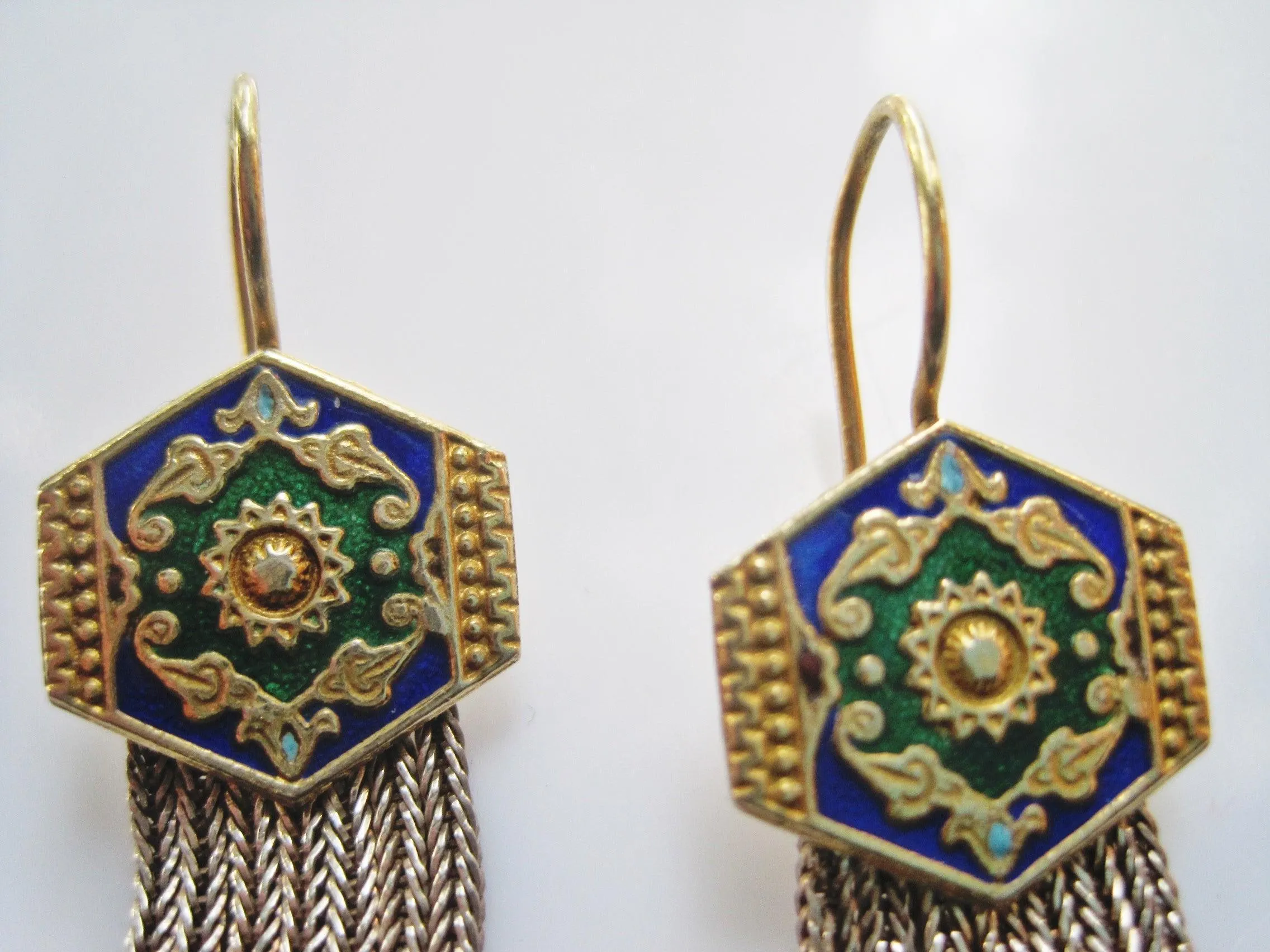 Vintage Turkish Enamel Earrings with Graduated Tassel of Foxtail Chains