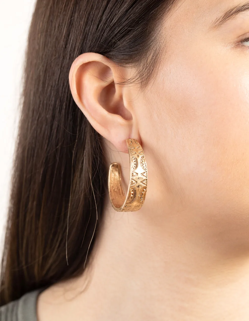 Washed Gold Etched C Hoop Earrings