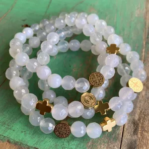 White and Gold St Benedict Bracelet and Earrings