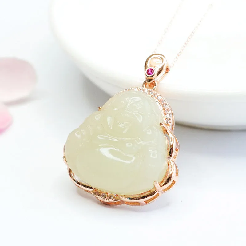 White Jade Maitreya Buddha Zircon Necklace by Planderful Collection