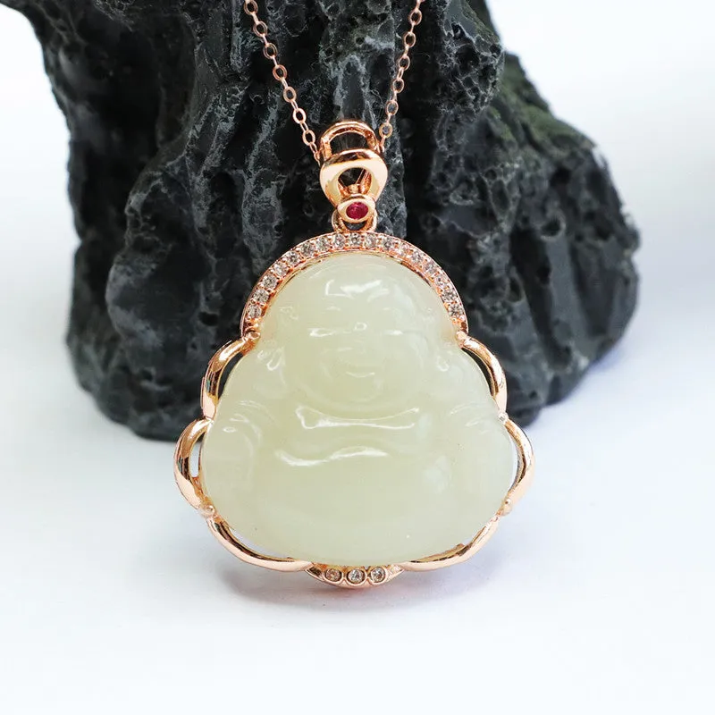 White Jade Maitreya Buddha Zircon Necklace by Planderful Collection