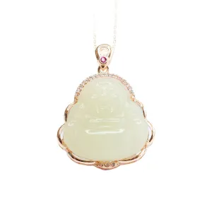 White Jade Maitreya Buddha Zircon Necklace by Planderful Collection