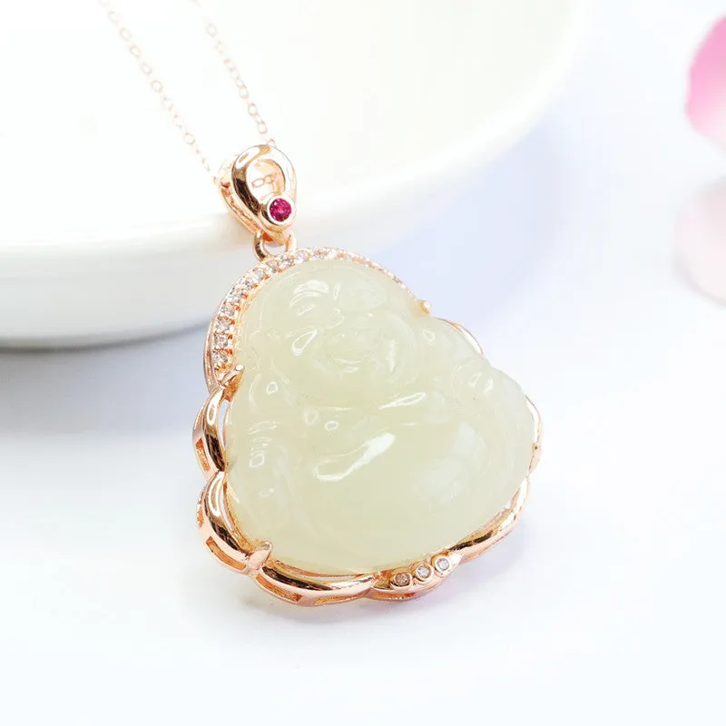 White Jade Maitreya Buddha Zircon Necklace by Planderful Collection