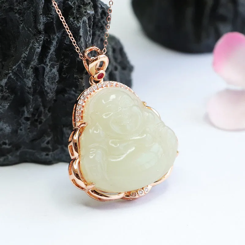 White Jade Maitreya Buddha Zircon Necklace by Planderful Collection