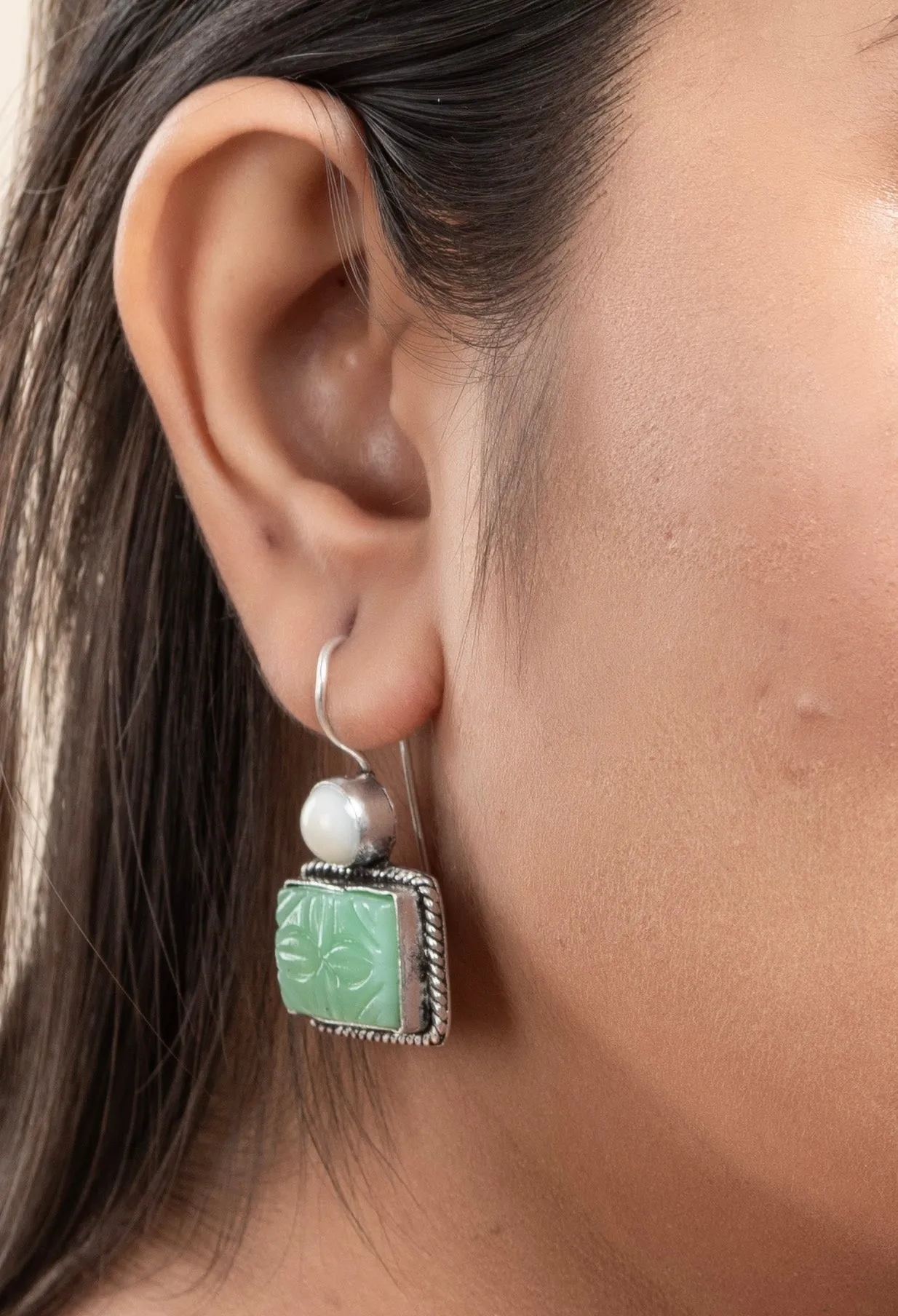 White Light Green Carved Stone Earrings in Oxidised Silver - Non-Allergic, Perfect for All Occasions