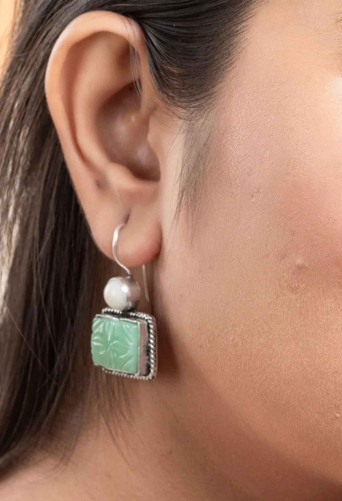 White Light Green Carved Stone Earrings in Oxidised Silver - Non-Allergic, Perfect for All Occasions