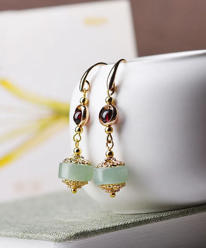 Women Red Gem Stone And Jade 14K Gold Drop Earrings