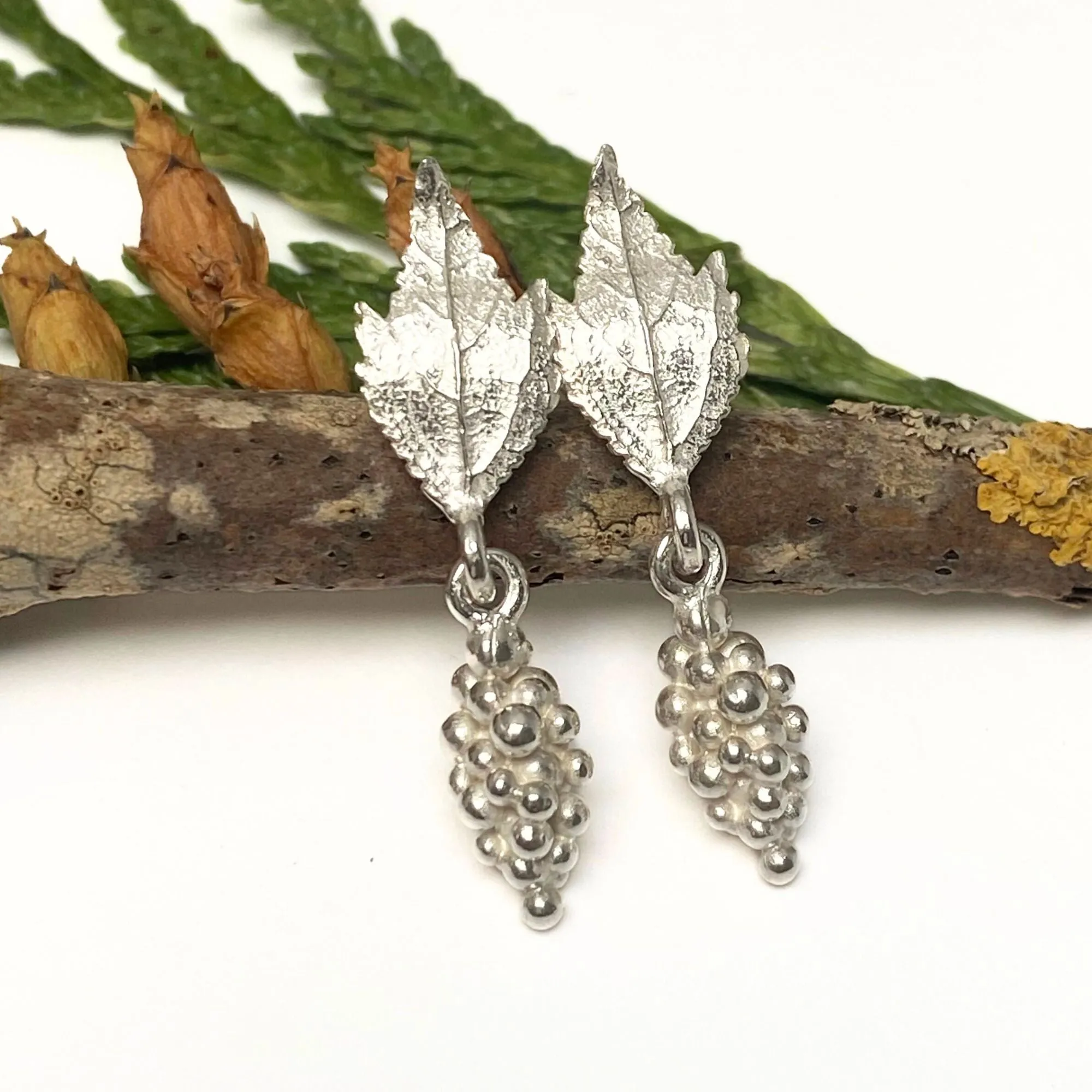 Woodland Elvish Silver Leaf and Berry Earrings