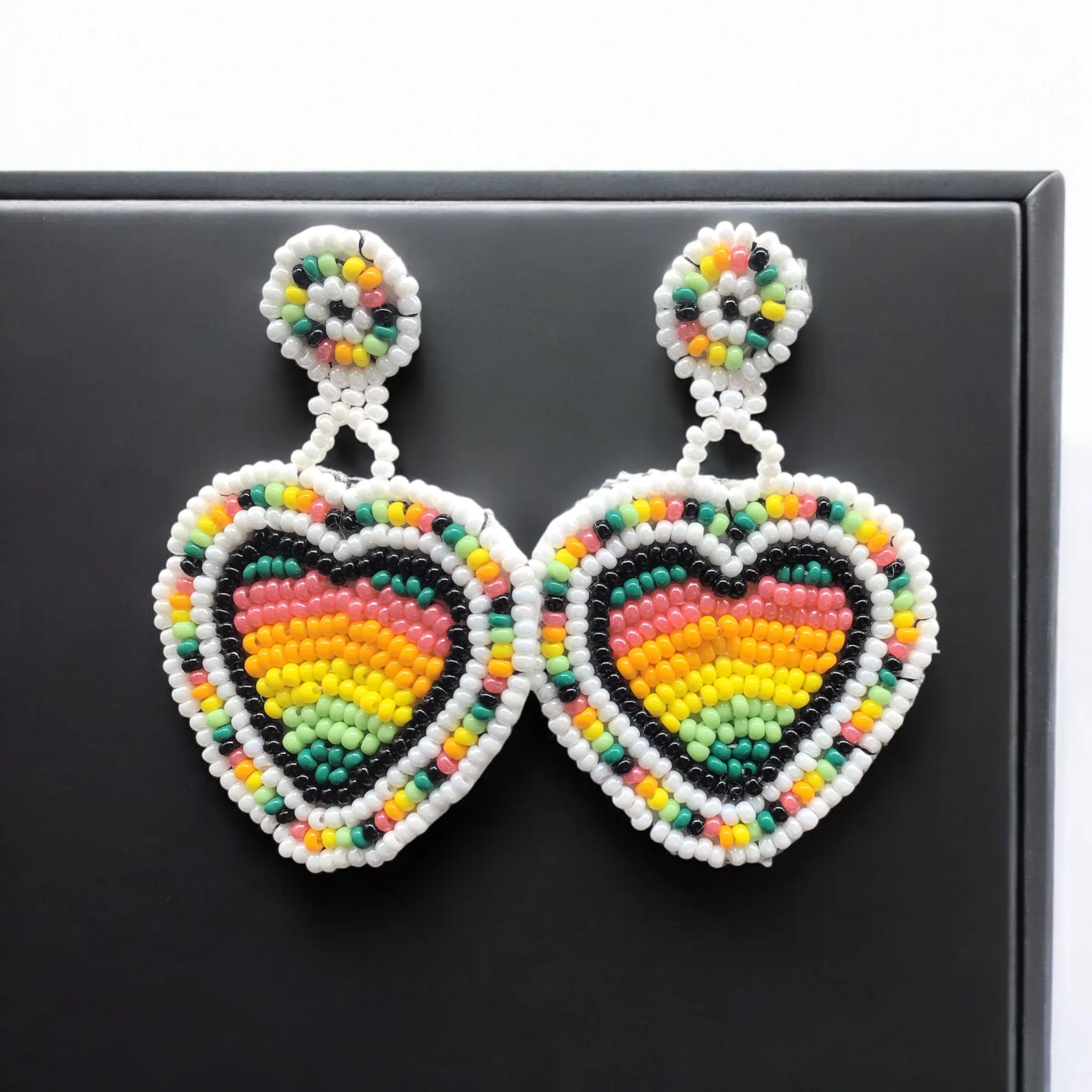 Yellow and green Heart Beaded Earrings