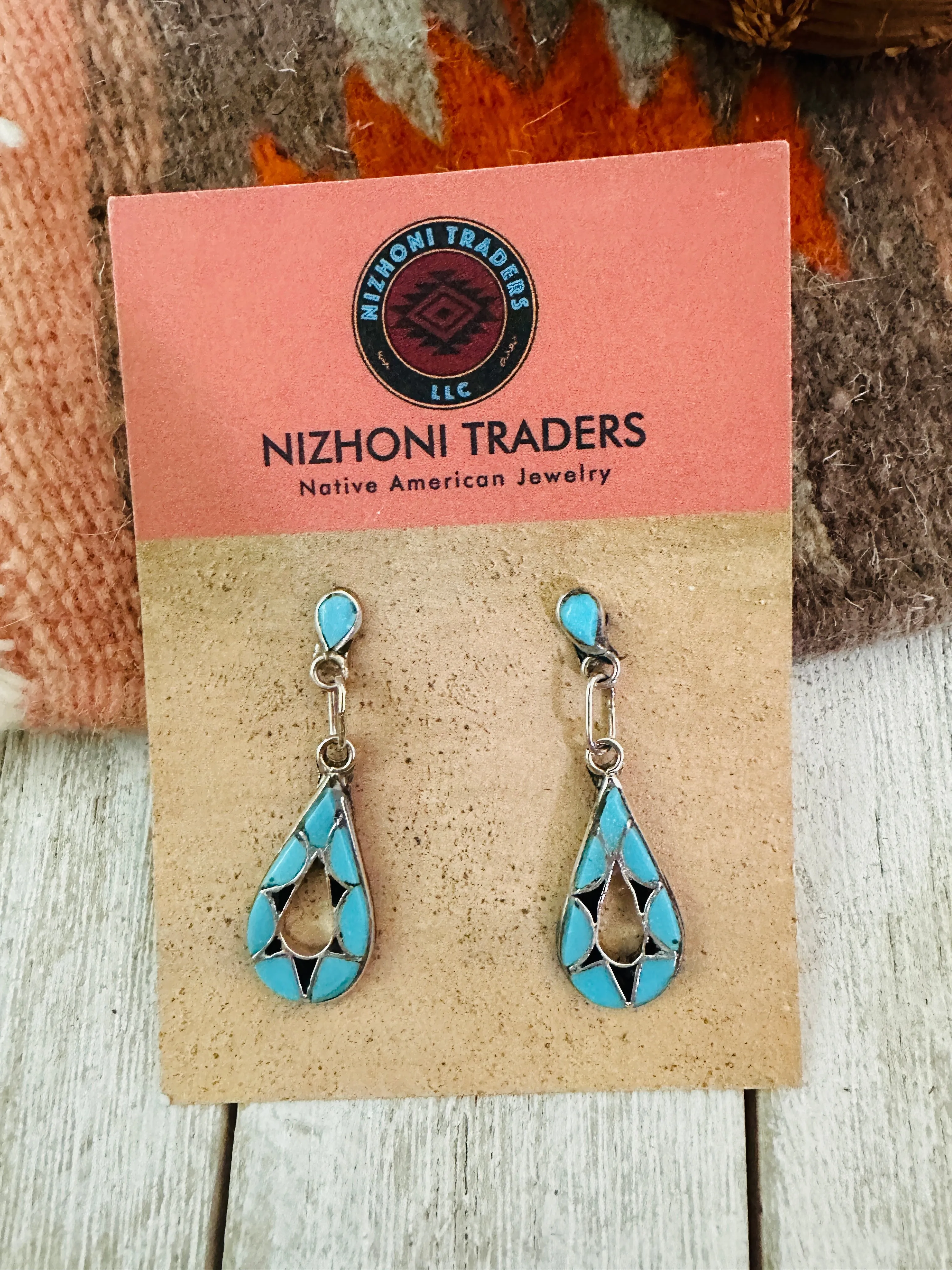 Zuni Sterling Silver,  Turquoise & Onyx Inlay Dangle Earrings