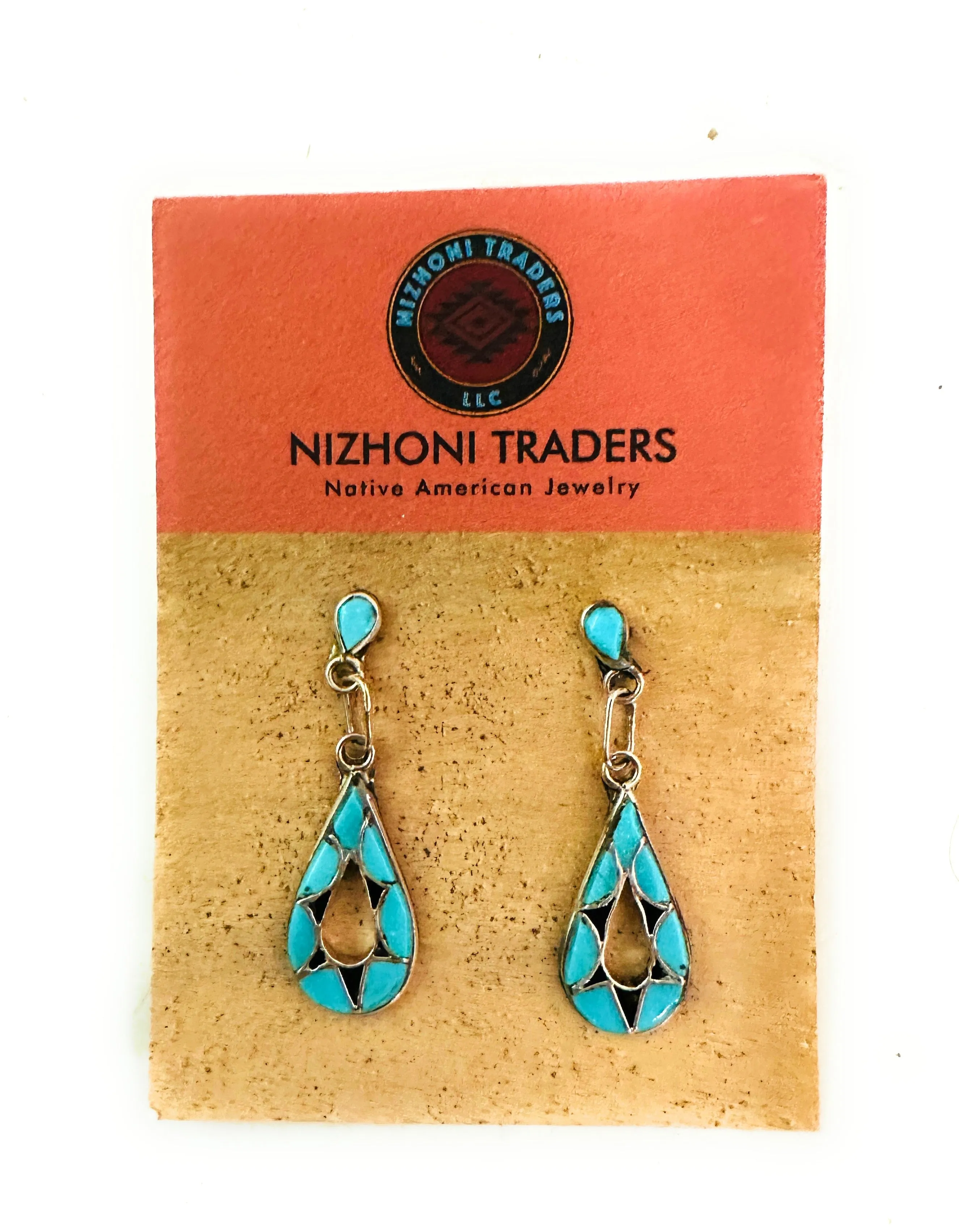 Zuni Sterling Silver,  Turquoise & Onyx Inlay Dangle Earrings